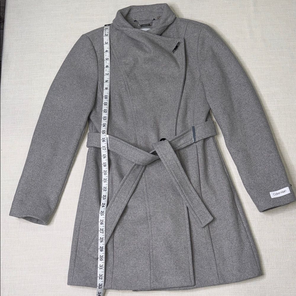 Calvin Klein women’s gray wool-blend wrap coat. - Picture 6 of 12